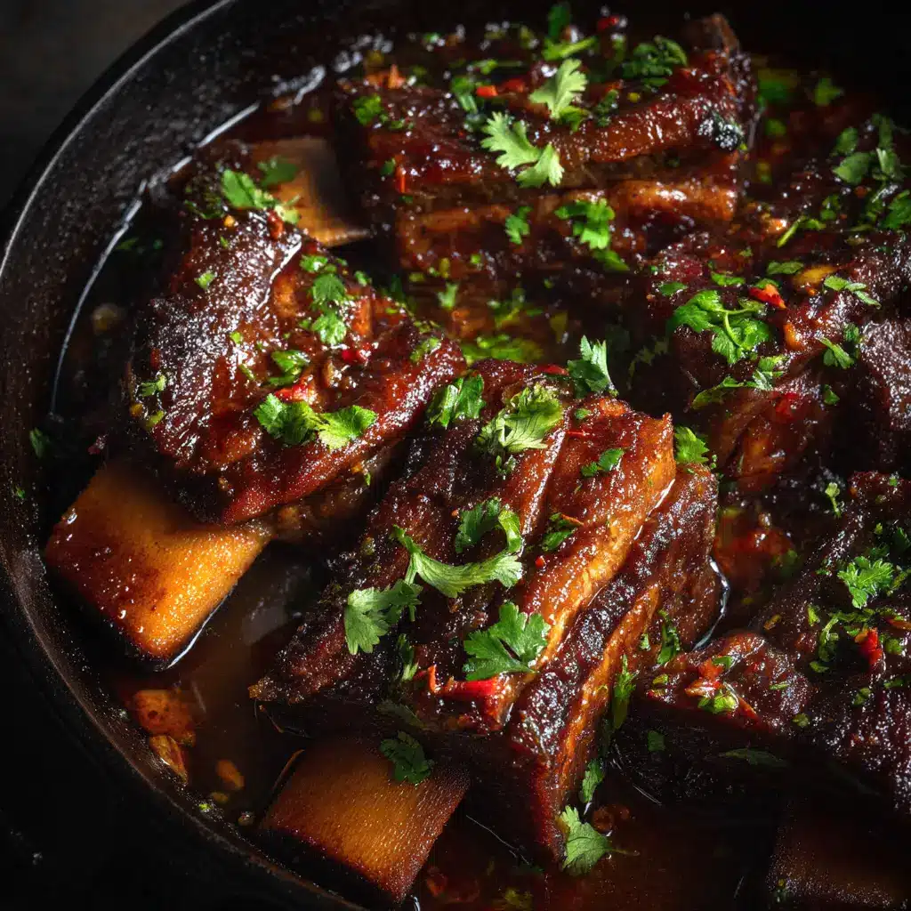 Melt-In-Your-Mouth Asian Beef Short Ribs (Sticky Soy-Ginger Glaze) 1 Photorealistic Asian style beef short ribs nestled in a rich savory broth, moody lighting.