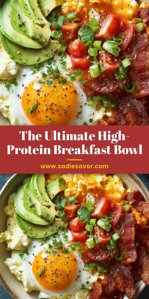 Overhead shot of a savory high-protein breakfast bowl in a rustic light-colored ceramic bowl with a sunny-side-up egg, fluffy scrambled eggs, bacon, and fanned avocado on a dark textured slate background.