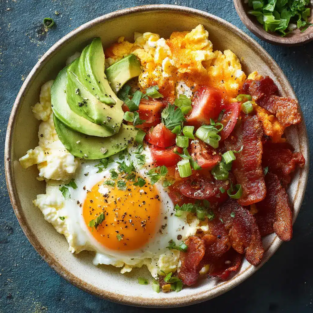 Close up of fresh foundational ingredients needed for a High Protein Breakfast Bowl including eggs, avocado, and cherry tomatoes.