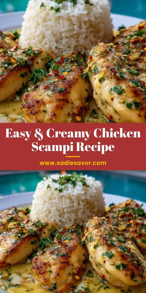 Close up of a Chicken Scampi Recipe featuring golden-brown pan-seared chicken breasts and a perfectly molded scoop of fluffy white rice on a white plate.