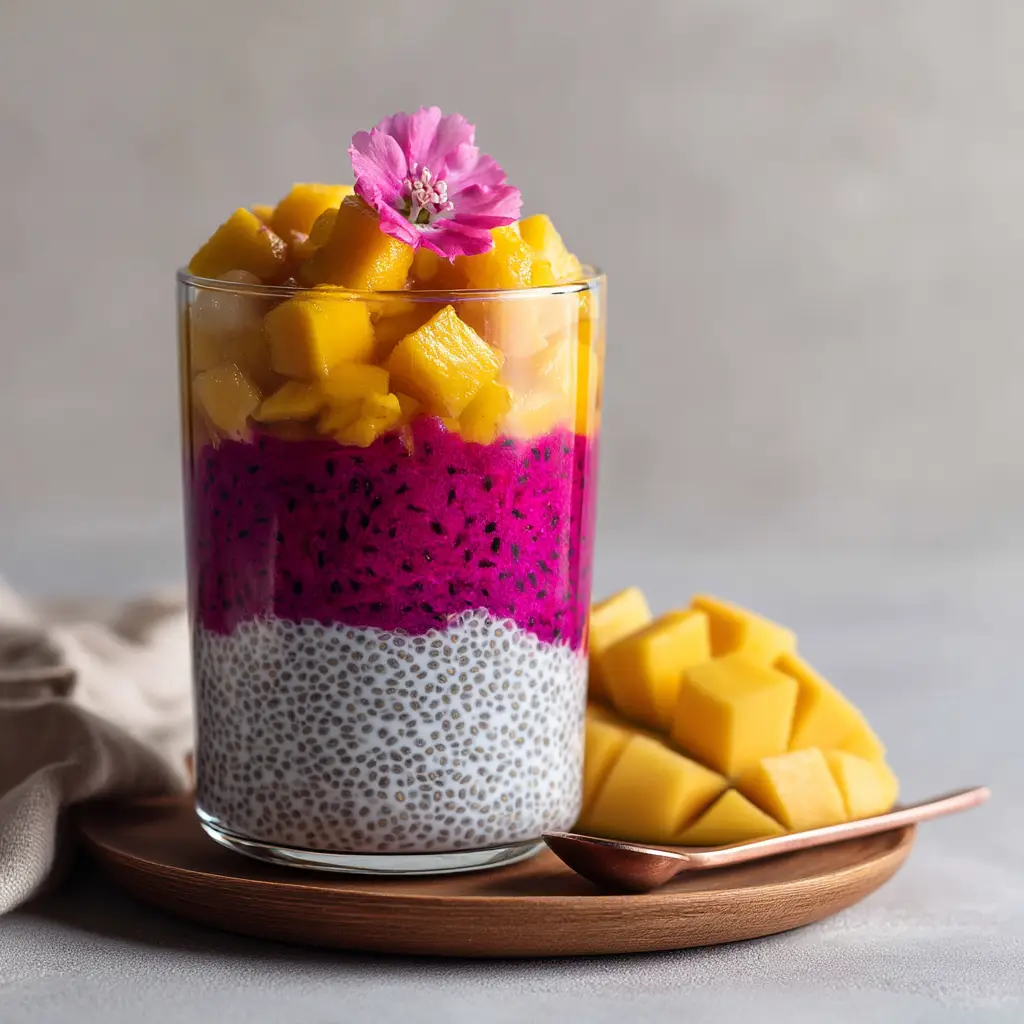 Thick white chia seed pudding layered on top of vivid magenta dragon fruit puree in a clear tumbler.