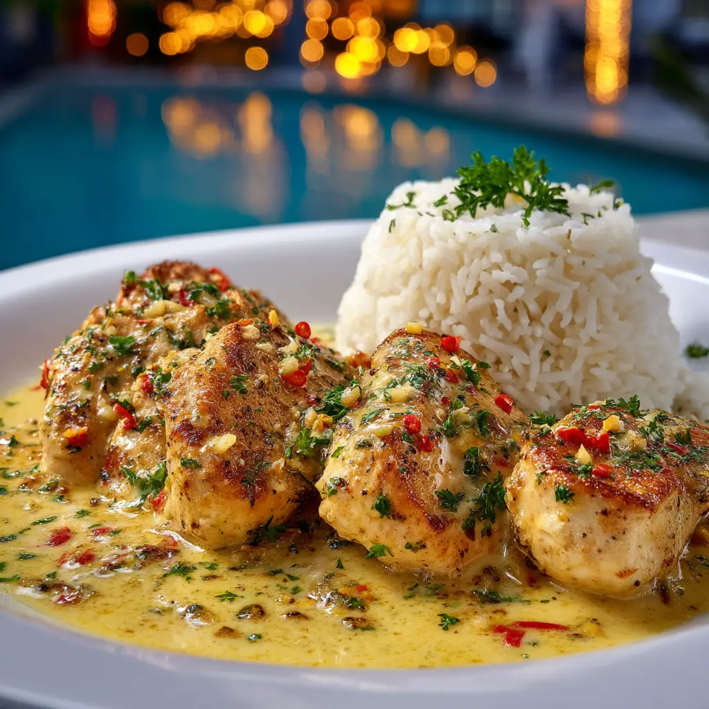 Four golden-brown pan-seared chicken breasts coated in a glistening, creamy yellow scampi sauce, generously garnished with parsley.