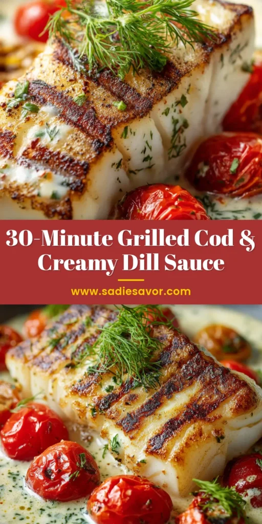 A shallow grey bowl filled with creamy dill sauce, blistered cherry tomatoes, and a perfectly seared fillet of fish. (Grilled Cod Recipe)