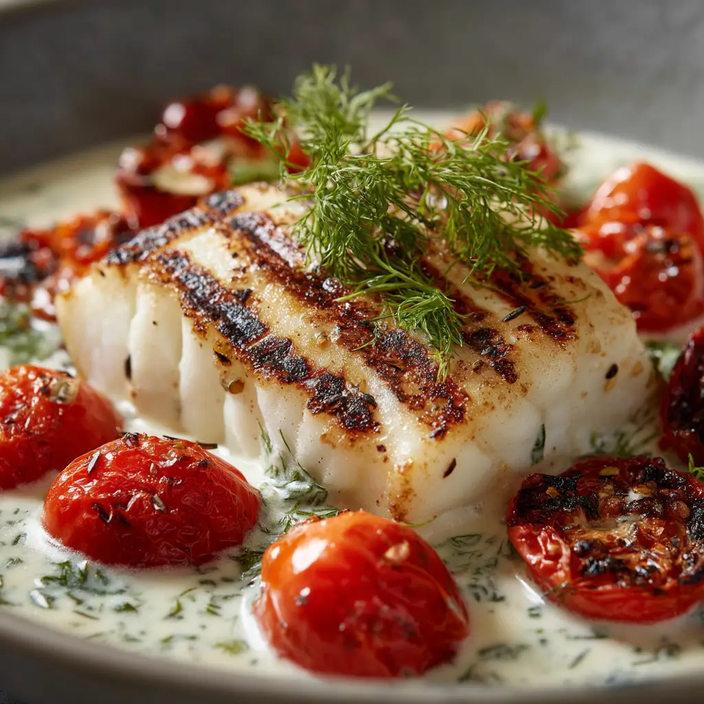 A close-up shot of perfectly grilled flaky white cod with distinct dark char marks cooking on a hot grill pan.
