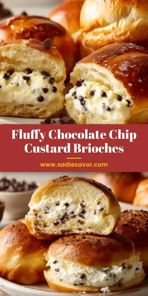 A halved golden-brown brioche bun filled with rich vanilla bean custard and mini chocolate chips.