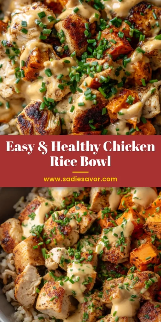 The Ultimate Chicken and Sweet Potato Rice Bowl 3 A photorealistic close-up of a Chicken and Sweet Potato Rice Bowl in a grey ceramic bowl, garnished with green chives.