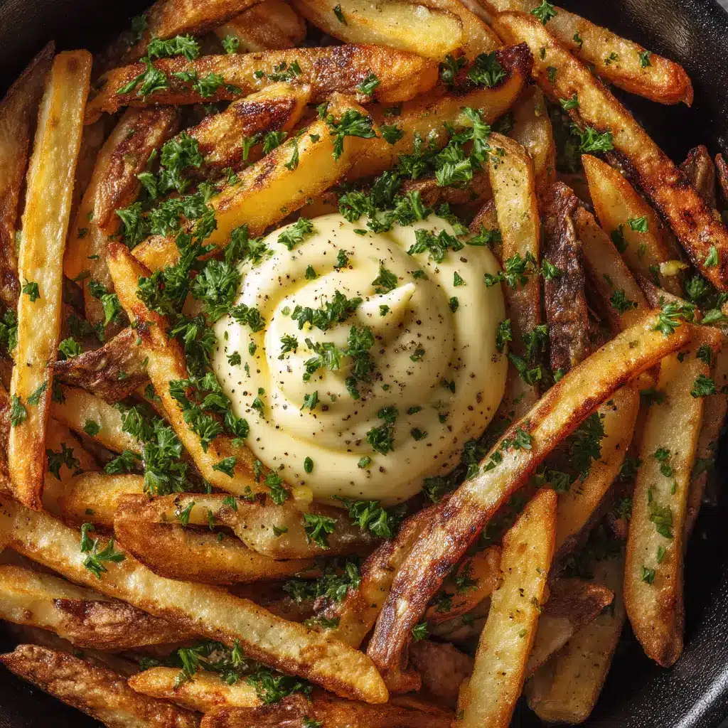 Epic Creamy Roasted Garlic Aioli (With Crispy Skillet Fries) 2 A close-up view of golden brown, crispy french fries with slightly charred edges sitting in a rustic black skillet.