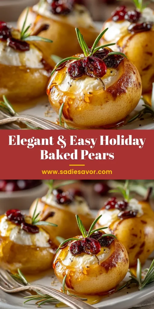 A warm, rustic wooden background highlights an elegant plate of golden-brown Baked Pears with Goat Cheese, topped with cranberries and a honey drizzle.