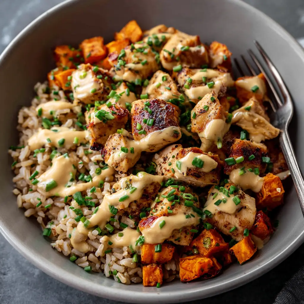 The Ultimate Chicken and Sweet Potato Rice Bowl 2 Overhead food photography of a Chicken and Sweet Potato Rice Bowl highlighting the seared chicken and roasted sweet potatoes.