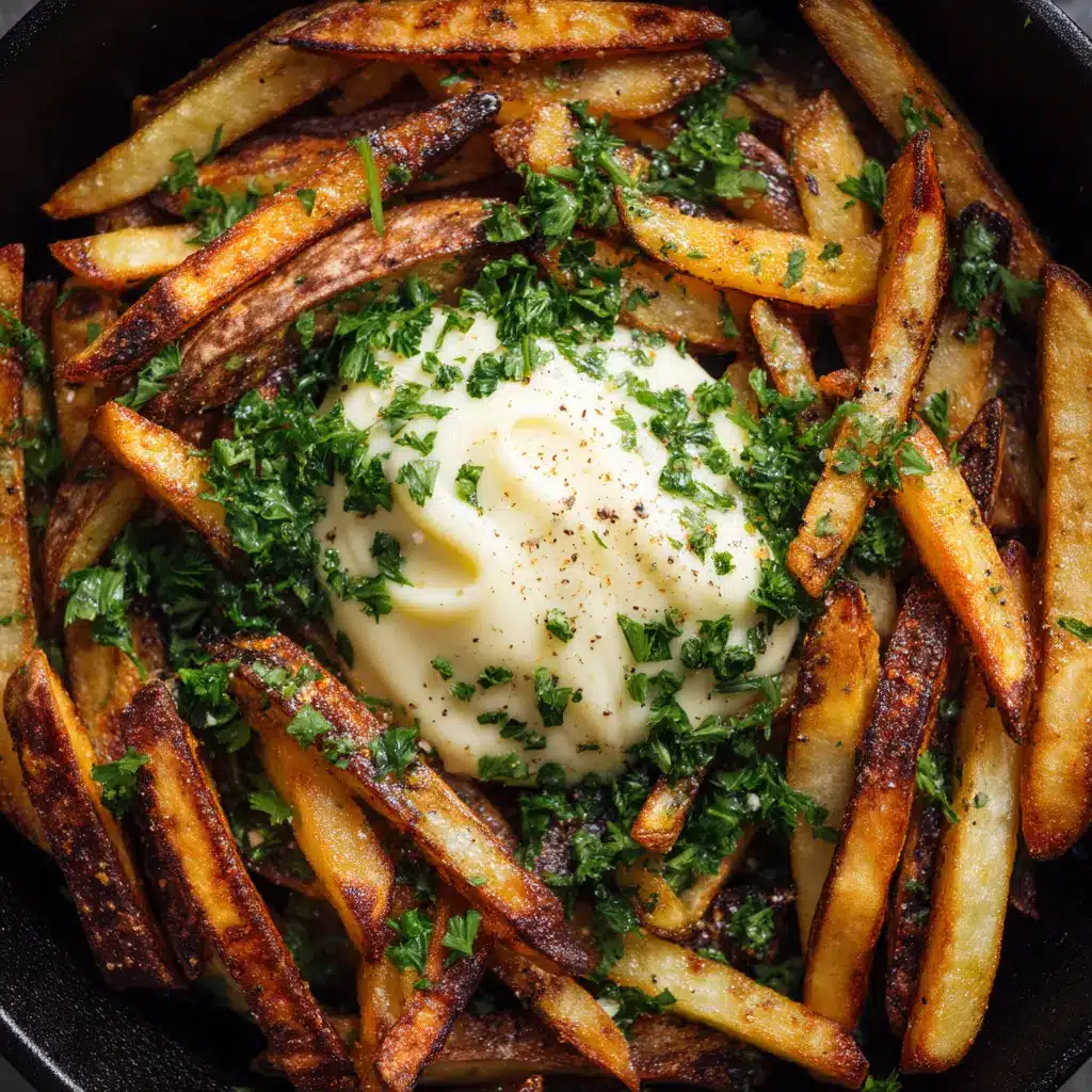Epic Creamy Roasted Garlic Aioli (With Crispy Skillet Fries) 1 A large, perfect dollop of creamy pale yellow roasted garlic aioli garnished with freshly chopped green parsley and coarse black pepper.