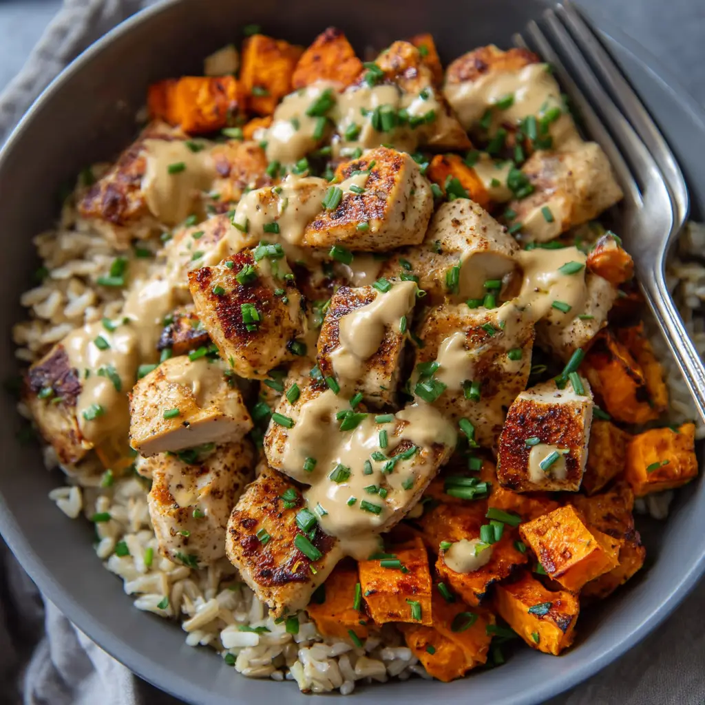 The Ultimate Chicken and Sweet Potato Rice Bowl 1 Close-up of a creamy tan-colored tahini sauce drizzled over a Chicken and Sweet Potato Rice Bowl.