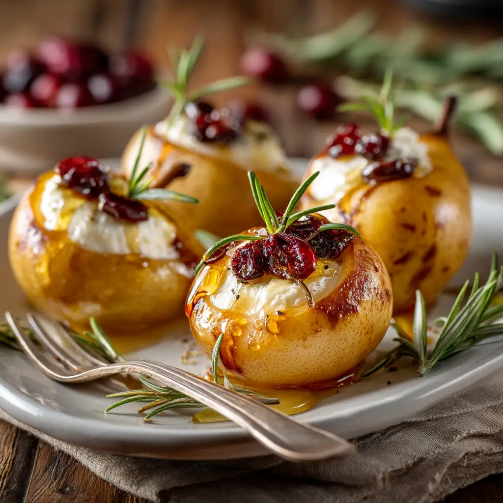 Beautifully roasted, golden-brown pear halves filled with a dollop of creamy goat cheese, dried cranberries, a sprig of rosemary, and a golden honey drizzle on a white ceramic plate.