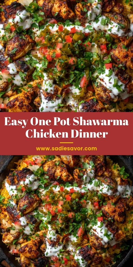 A savory dish of One Pot Shawarma Chicken and Rice served in a rustic dark cast iron pot, garnished with yogurt sauce, fresh cilantro, diced tomatoes, and green peppers.