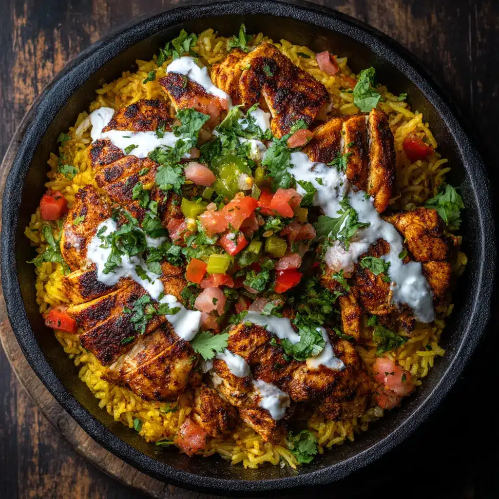 One Pot Shawarma Chicken and Rice garnished with white yogurt dollops, chopped cilantro, diced red tomatoes, and green bell peppers.