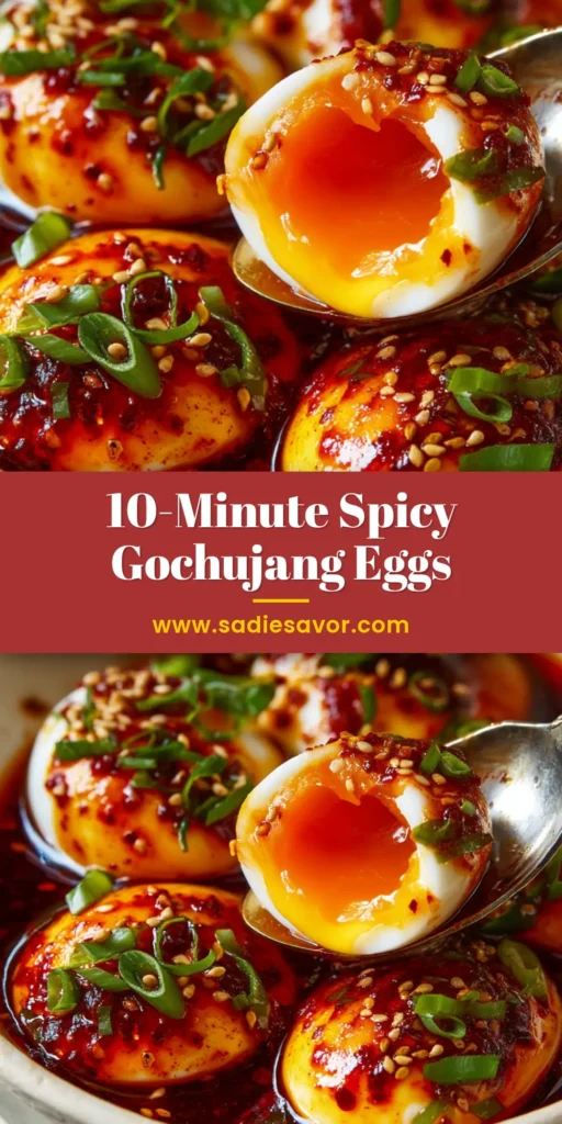 A close up of jammy soft-boiled Gochujang Eggs cut in half, revealing a bright orange yolk, garnished with scallions and sesame seeds.