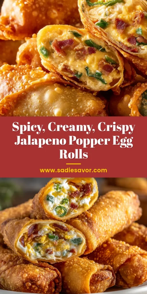 Jalapeno Popper Egg Rolls (Super Crispy & Easy!) 3 A close-up shot of crispy, golden Jalapeno Popper Egg Rolls piled on a plate, with one cut in half to show the creamy, cheesy filling. Perfect for a party appetizer.