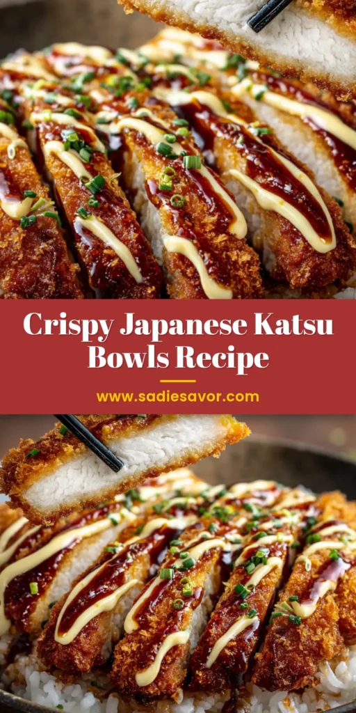A delicious and crispy Japanese Katsu Bowl served in a traditional blue and white bowl, drizzled with tonkatsu sauce and garnished with sesame seeds.