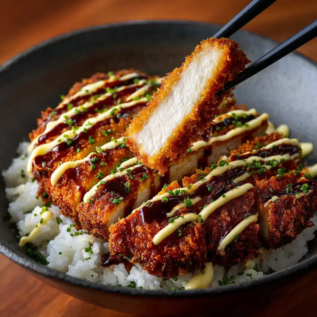 A fully assembled Japanese rice bowl with sliced pork katsu, shredded cabbage, and a savory sauce.