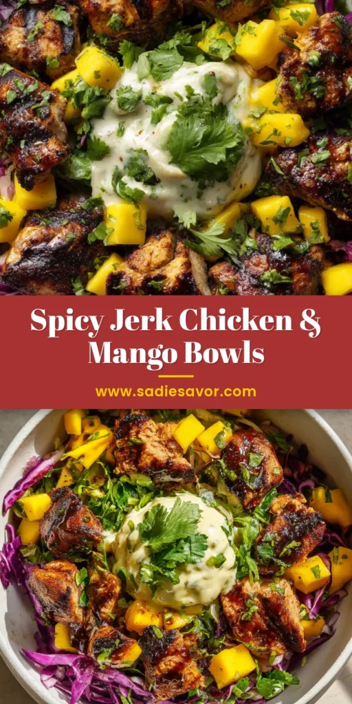 An overhead shot of a vibrant jerk chicken bowl, featuring charred chicken, pineapple salsa, black beans, and avocado over coconut rice.