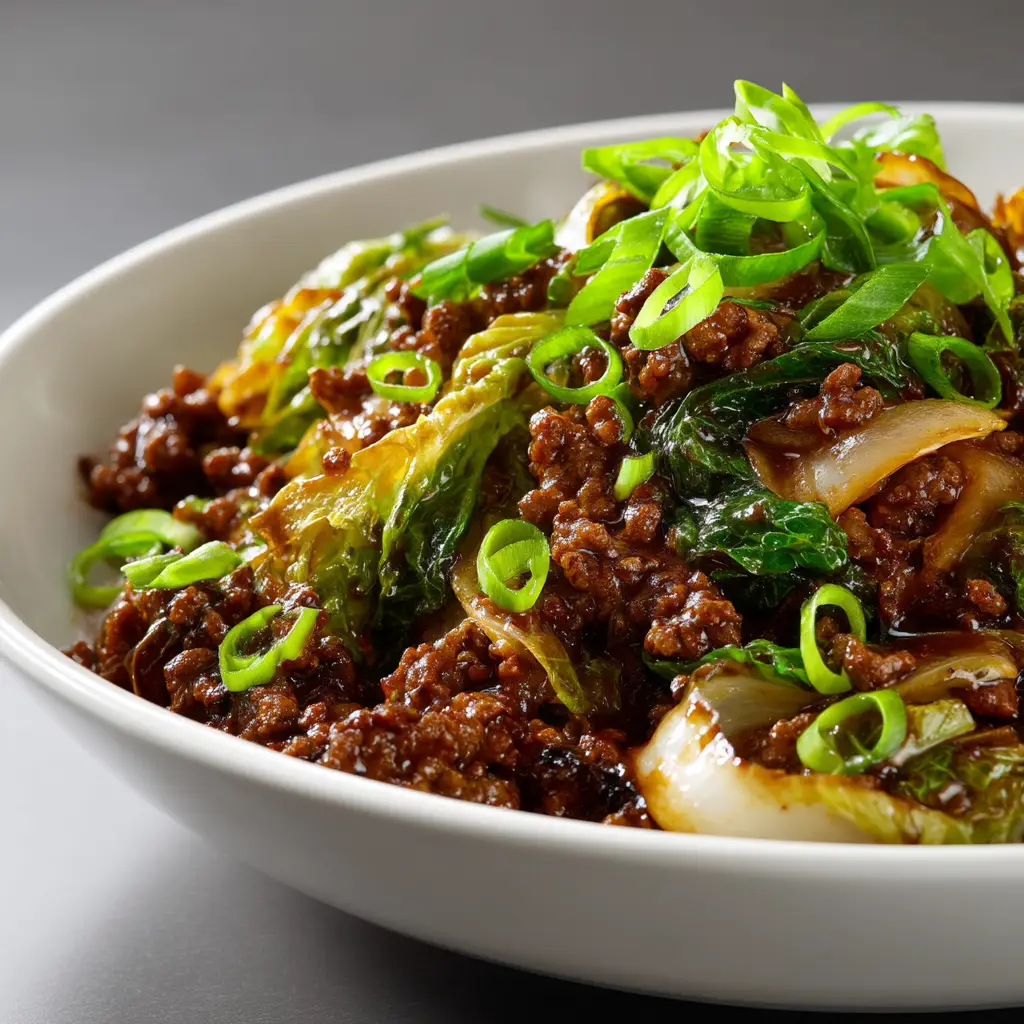 Low-Carb Mongolian Ground Beef (Ready in 20 Minutes!) 2 A close-up shot of keto Mongolian ground beef in a skillet, showing the glossy, sugar-free sauce coating the savory meat.
