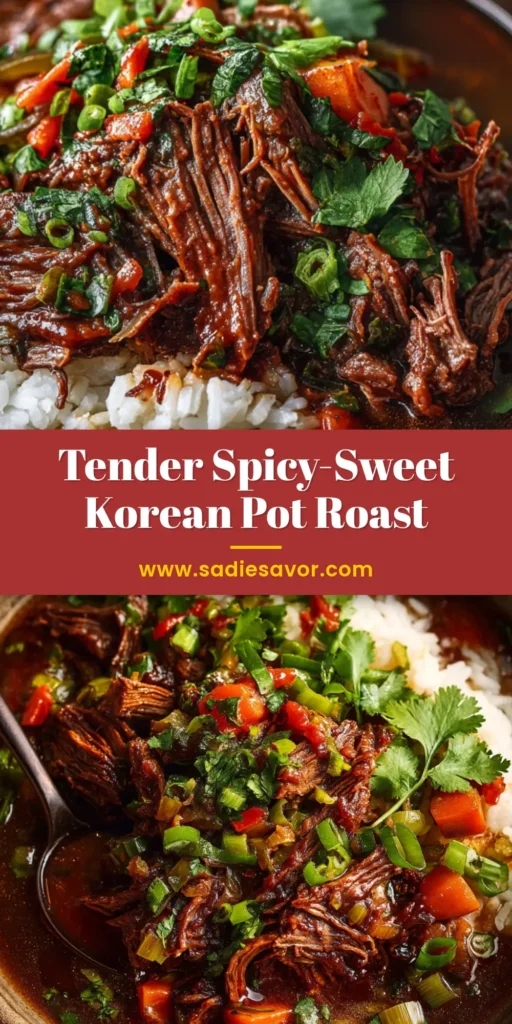 A beautiful overhead shot of a Korean Pot Roast in a blue Dutch oven, surrounded by tender vegetables. The beef is shredded, showcasing its tenderness and rich, dark glaze.
