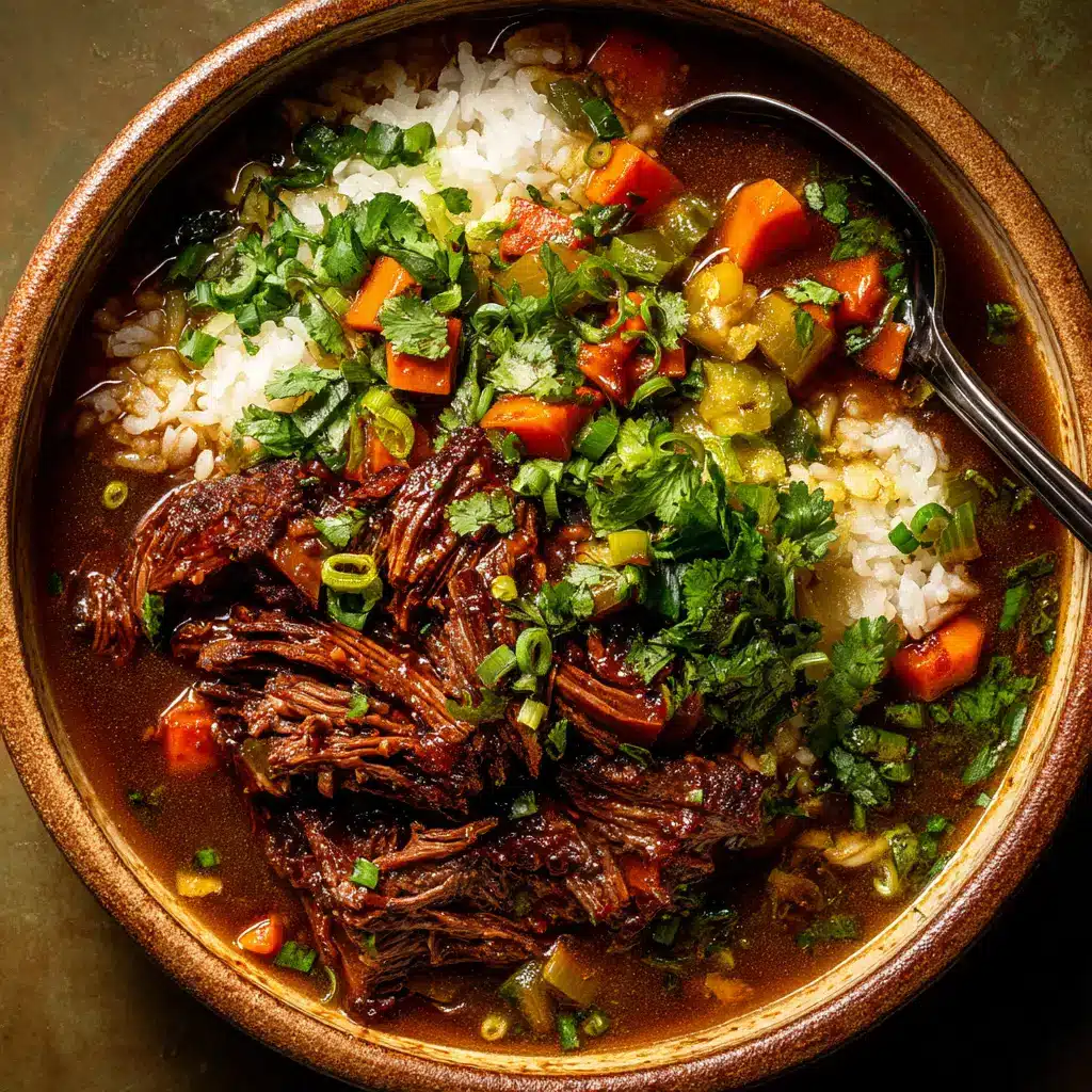A serving of Korean Pot Roast on a plate with fluffy white rice, topped with chopped scallions and sesame seeds. The rich sauce pools around the beef and root vegetables.