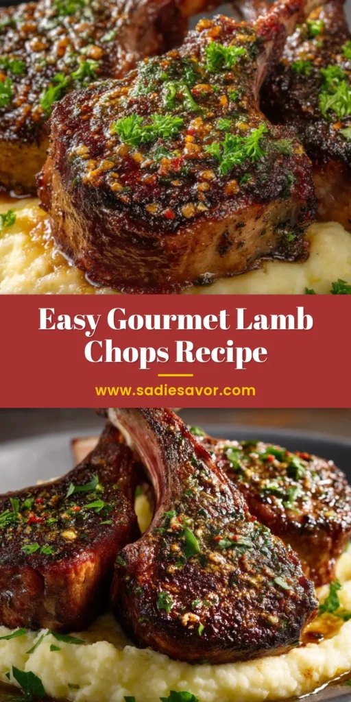 A close-up shot of perfectly pan-seared lamb chops from an easy Lamb Chops Recipe, garnished with fresh herbs and garlic.