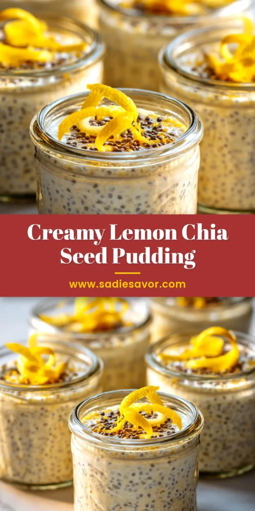 An overhead shot of a glass jar filled with creamy lemon chia pudding, topped with fresh raspberries and a slice of lemon.