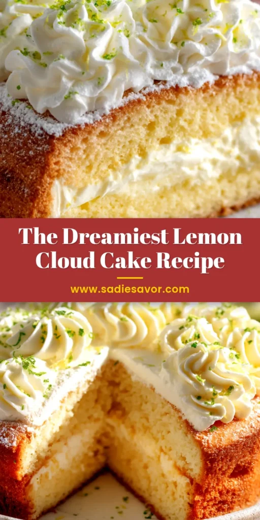 A stunning Lemon Cloud Cake on a cake stand, drizzled with a white lemon glaze and garnished with fresh lemon slices. The perfect light and airy dessert recipe.