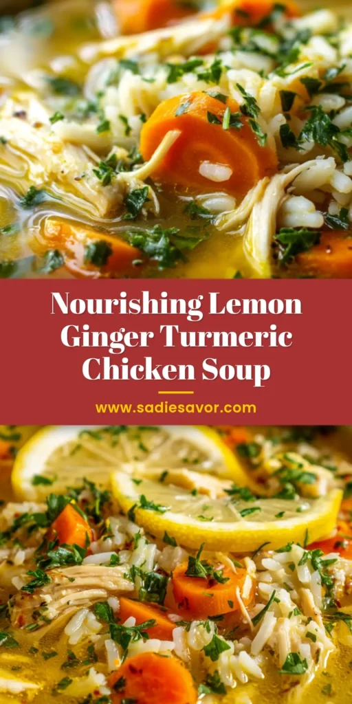 A vibrant bowl of Lemon Ginger Turmeric Chicken Soup, garnished with fresh parsley and a slice of lemon, perfect for a healthy and comforting meal.