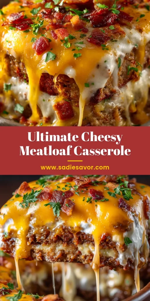 A slice of Loaded Meatloaf Casserole on a white plate, showing the layers of savory meatloaf, creamy mashed potatoes, melted cheese, and bacon.