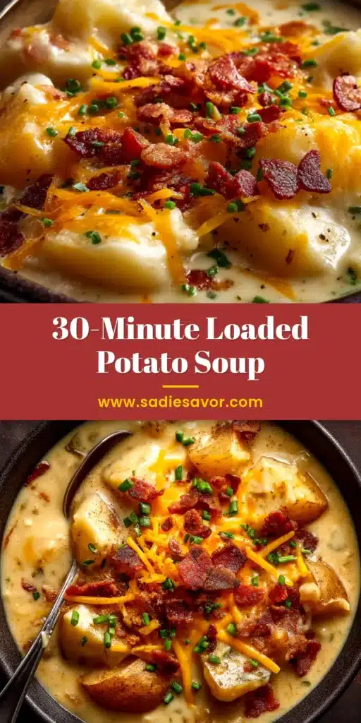 A top-down view of a bowl of creamy loaded potato soup, garnished with cheddar cheese, crispy bacon, and fresh chives.