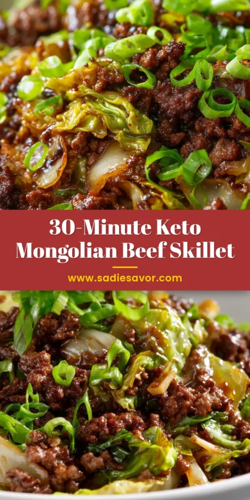 Low-Carb Mongolian Ground Beef (Ready in 20 Minutes!) 3 A top-down view of Low-Carb Mongolian Ground Beef in a white bowl, garnished with green onions and sesame seeds, ready to be shared on Pinterest.