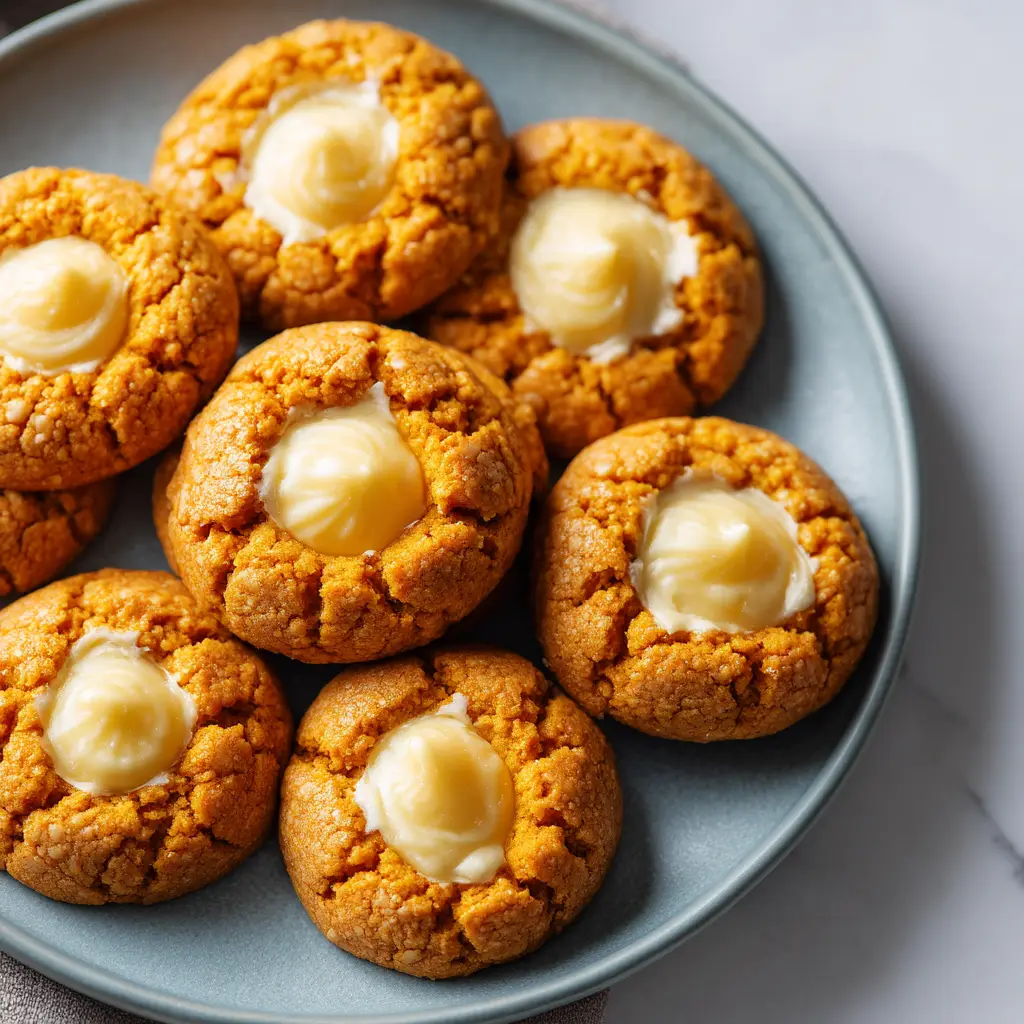 Pumpkin Cheesecake Cookies: The Perfect Soft and Chewy Fall Treat 1 The process of filling pumpkin cookie dough balls with a creamy cheesecake mixture before baking.