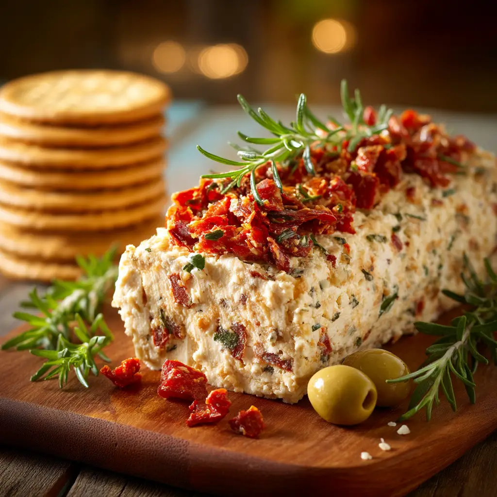 A step-by-step image showing the cream cheese log being rolled in the chopped antipasto topping on plastic wrap.
