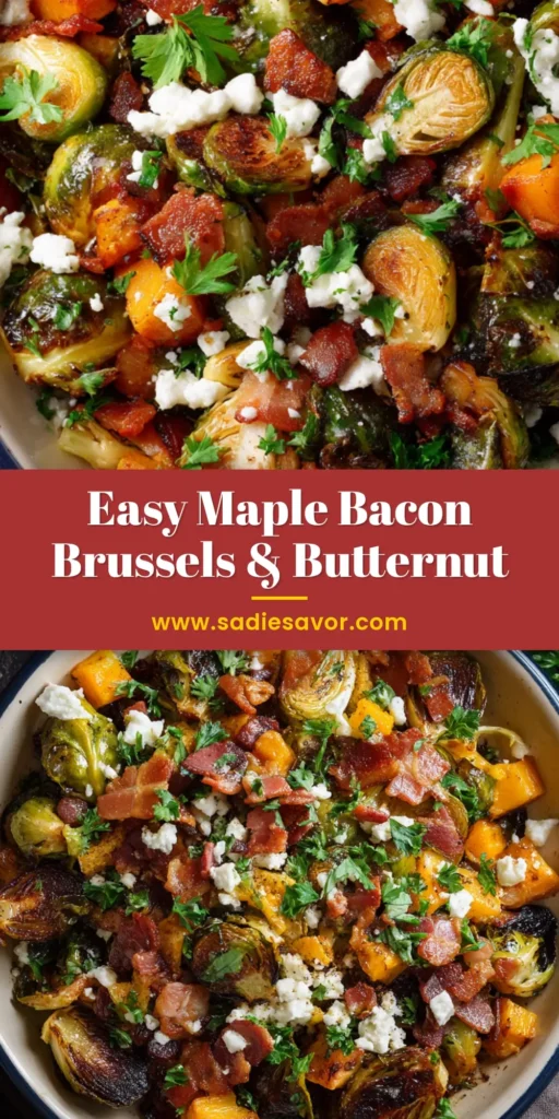 A shareable pin image for the best maple bacon brussels sprouts recipe, showing the finished dish in a white serving bowl.