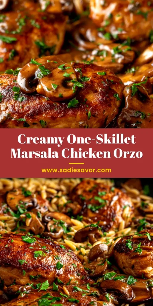 A skillet of creamy Marsala Chicken Orzo, with golden-brown chicken breasts nestled in the pasta and mushroom sauce, garnished with fresh parsley.