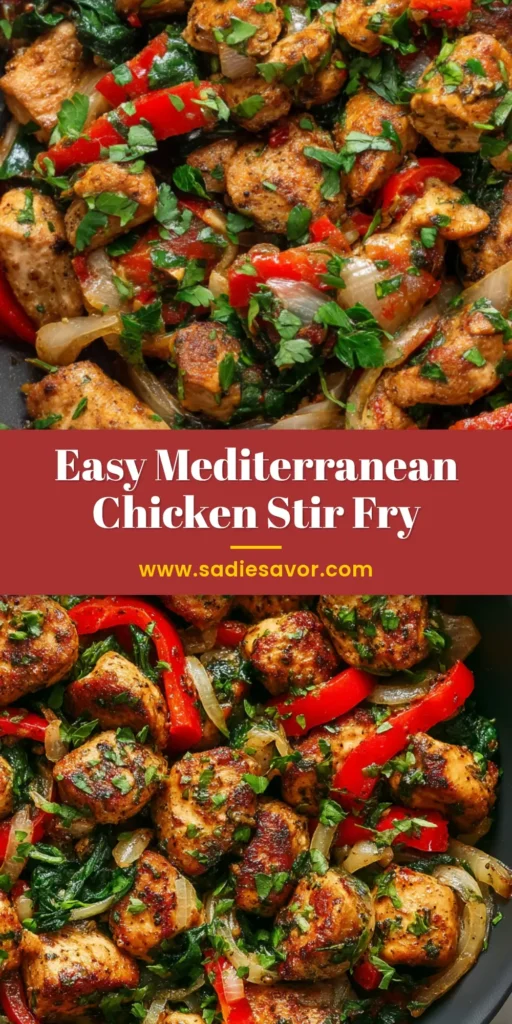 A top-down view of a delicious Mediterranean Chicken Stir Fry in a white bowl. The stir fry is colorful with chicken, peppers, zucchini, tomatoes, and feta, ready to be pinned.