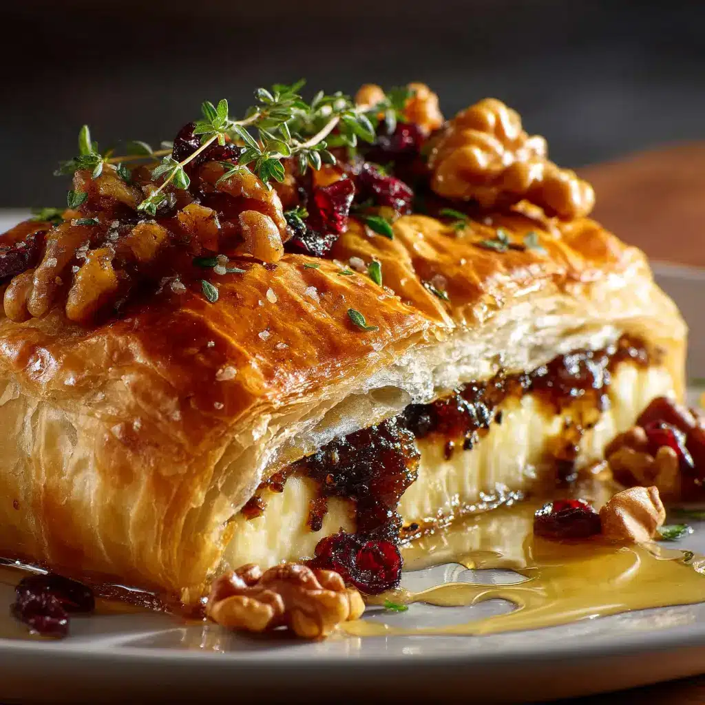 A gooey, melted cheese pull from a freshly baked brie en croute, showing the creamy texture inside.