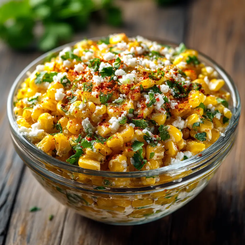 A clear glass bowl filled with all the delicious Mexican Street Corn toppings mixed together, including cotija cheese, cilantro, and chili powder. A perfect illustration of how to make esquites.
