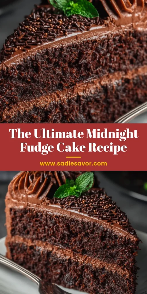 A decadent slice of Midnight Fudge Cake on a white plate, showcasing its dark, moist crumb and rich chocolate fudge frosting. This is the ultimate fudge cake recipe for chocolate lovers.