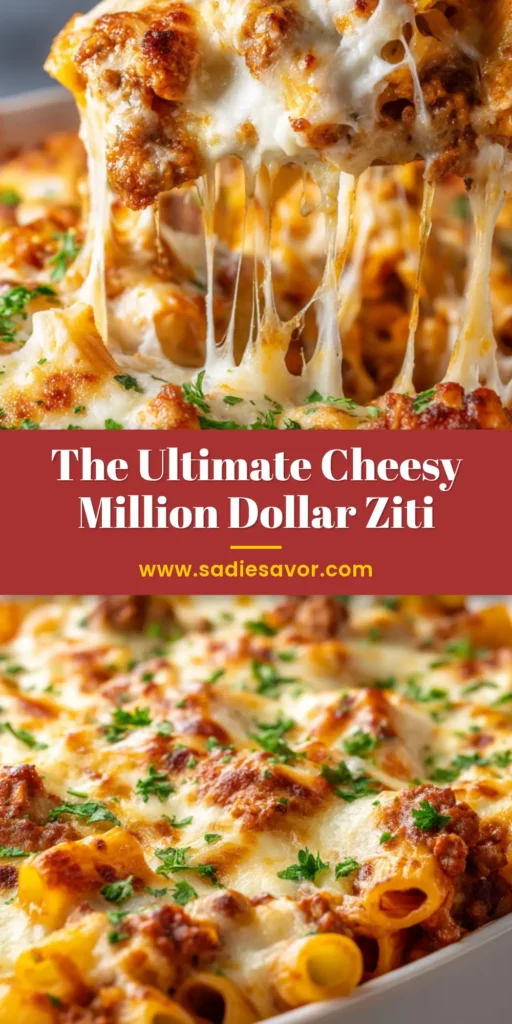 Million Dollar Baked Ziti: The Ultimate Comfort Food Recipe 3 A large slice of Million Dollar Baked Ziti on a white plate, showing the creamy cheese layer, hearty meat sauce, and golden mozzarella topping.