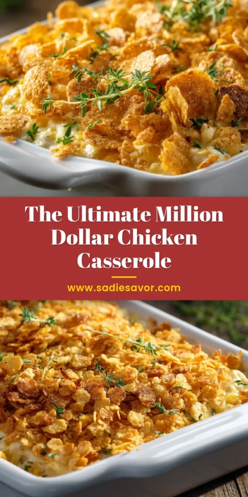 A close-up shot of a golden-brown baked Million Dollar Chicken Casserole in a white dish, topped with crispy crackers. A serving spoon is lifting a creamy portion out.