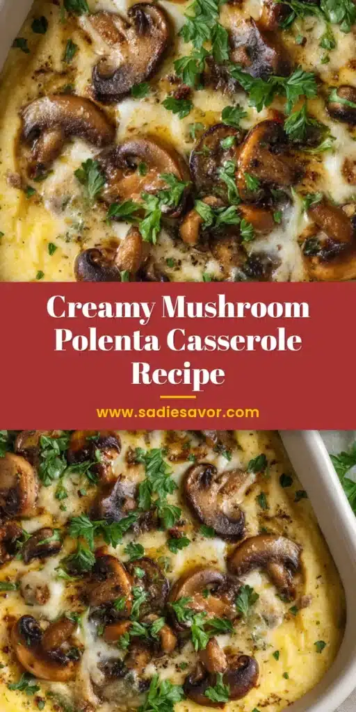 A serving of creamy Mushroom Polenta Casserole in a white bowl, garnished with fresh parsley. The perfect vegetarian comfort food bake.