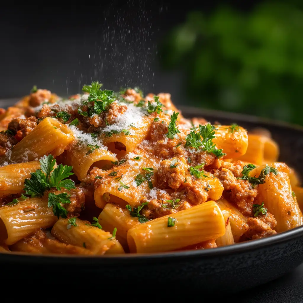 A spoonful of one-pan cheesy turkey pasta being lifted from a bowl, showing a delicious cheese pull.