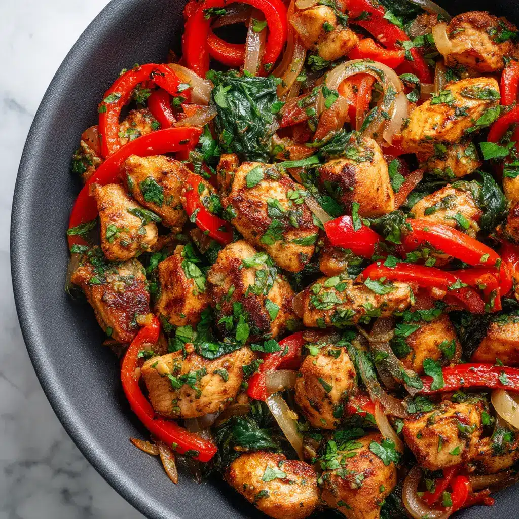A final plated serving of the one-pan Greek chicken stir fry, garnished with fresh parsley and crumbled feta cheese.
