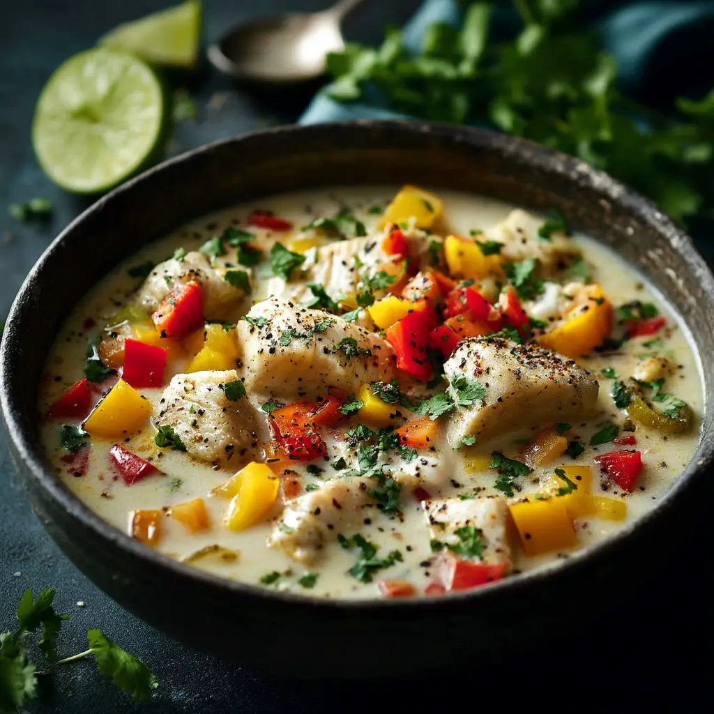 Creamy Coconut White Fish Stew: A 30-Minute Dream 2 A close-up shot of the coconut milk fish stew simmering in a Dutch oven, showing the tender chunks of white fish, cherry tomatoes, and fresh spinach.