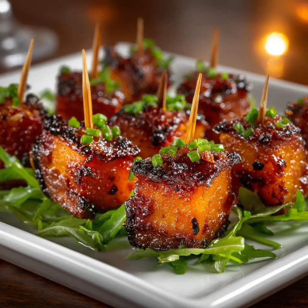 A serving of oven-baked bacon wrapped sweet potatoes ready to be enjoyed. The sweet potatoes are tender and the bacon is perfectly crisped.