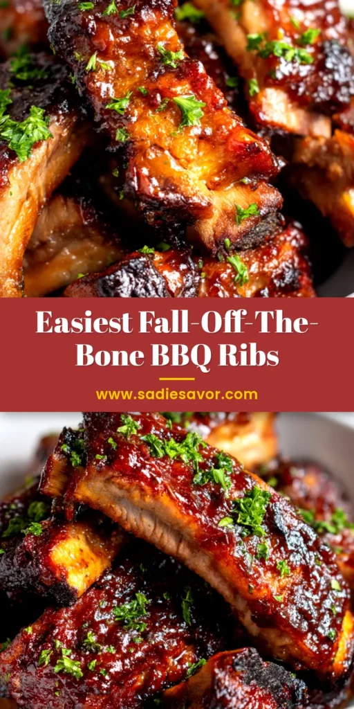 Oven-Baked BBQ Ribs (Fall-Off-The-Bone Easy!) 4 A close-up of tender, sticky Oven-Baked BBQ Ribs on a wooden board, ready to be served. The ribs have a rich, caramelized glaze.