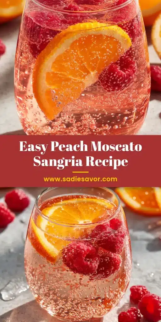 A tall glass of Peach Moscato Sangria filled with ice and fresh peach slices, with a full pitcher in the background.